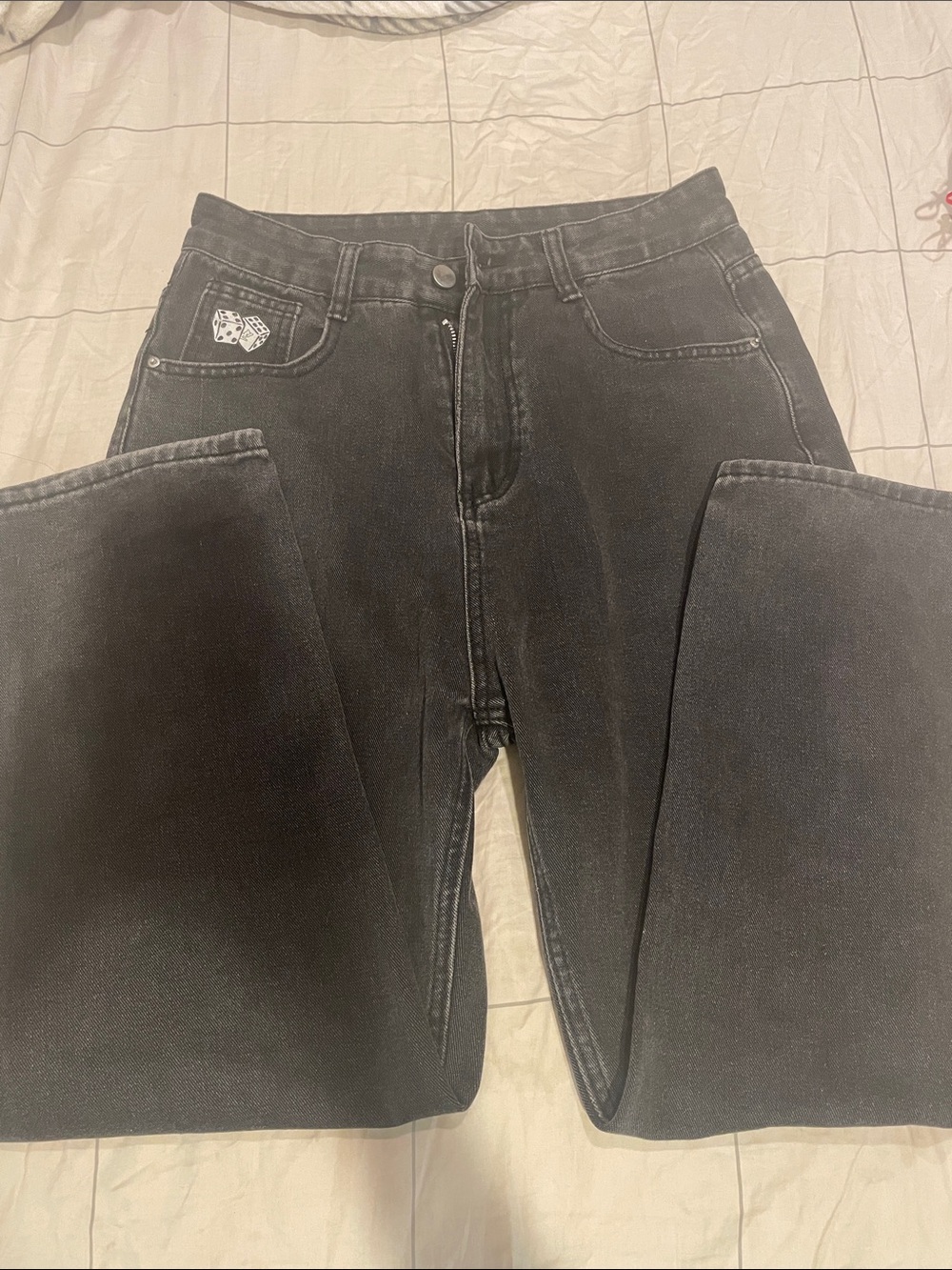 Black Straight-Leg Jeans with Dice Patch
